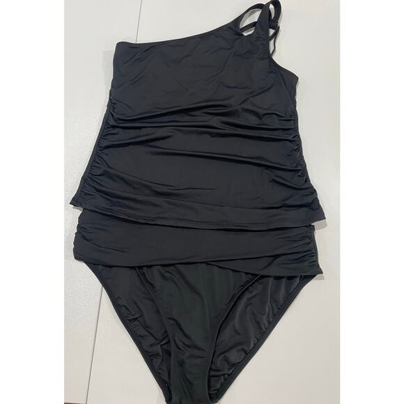 La Blanca Island Goddess One Shoulder Keyhole Tankini Top & Bottom Black SzUS 16 - Picture 2 of 12